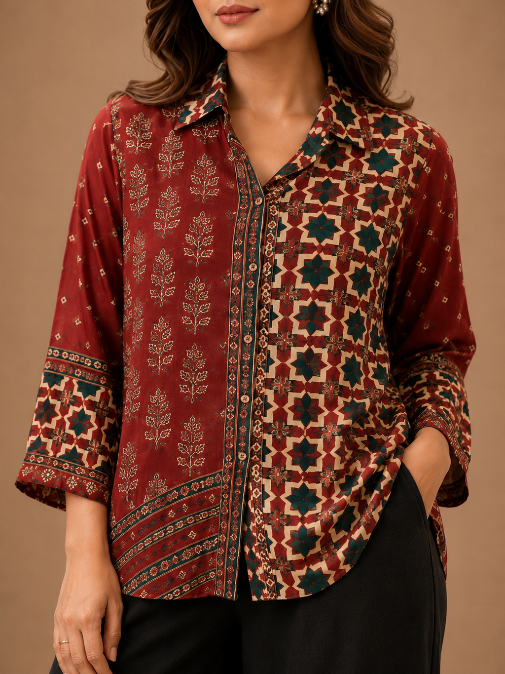 Women's Maroon Ethnic Print Collared Shirt | Premium Crepe | 3/4 Sleeves