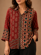 Women's Maroon Ethnic Print Collared Shirt | Premium Crepe | 3/4 Sleeves
