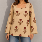 Beige Floral Print Cotton Top | Square Neck Casual Top | LaddyLuxe