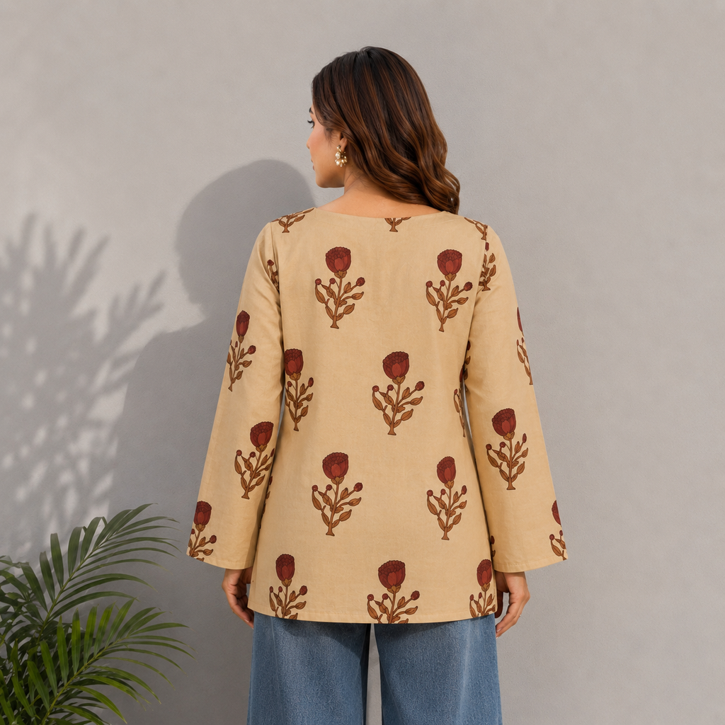 Beige Floral Print Cotton Top | Square Neck Casual Top | LaddyLuxe