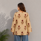 Beige Floral Print Cotton Top | Square Neck Casual Top | LaddyLuxe