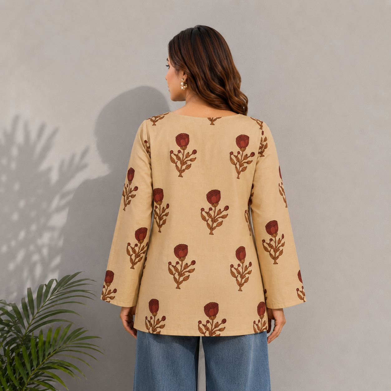 Beige Floral Print Cotton Top | Square Neck Casual Top | LaddyLuxe