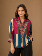 Women's Multicolor Ethnic Print Collared Shirt | Premium Crepe | 3/4 Sleeves