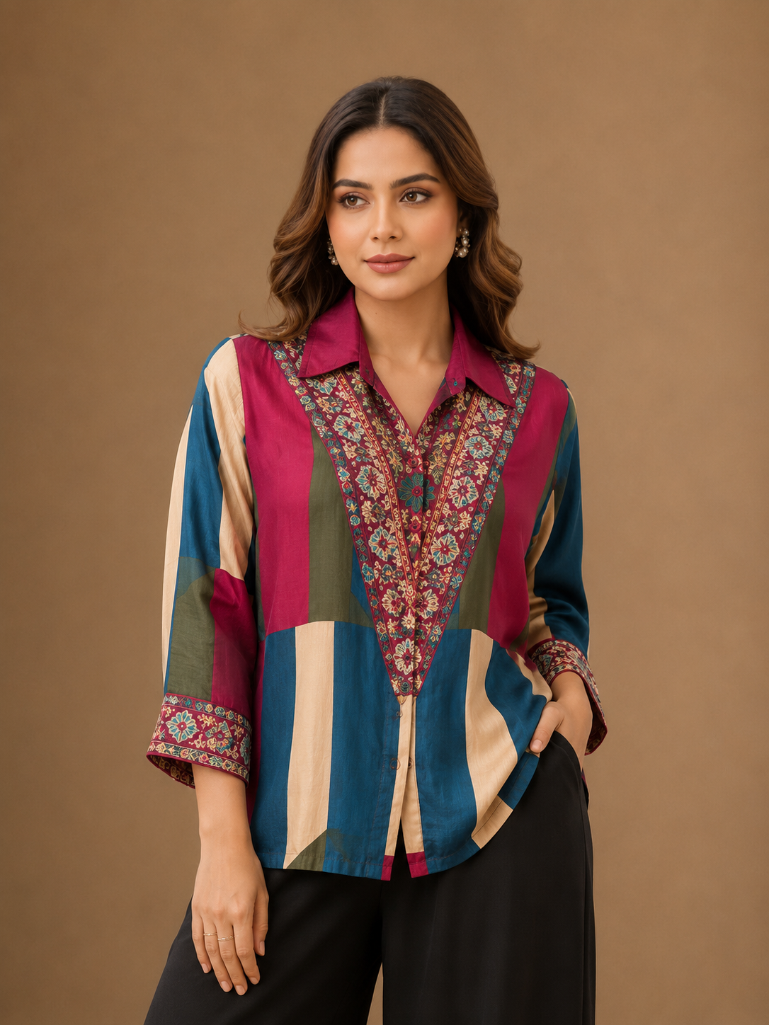 Women's Multicolor Ethnic Print Collared Shirt | Premium Crepe | 3/4 Sleeves