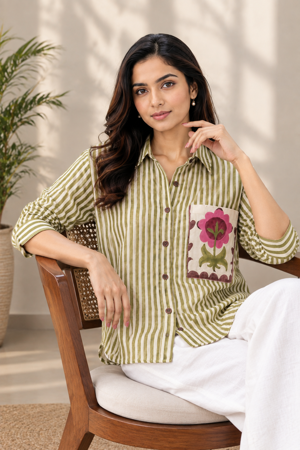 Olive Green Striped Pure Crepe Shirt for Women | Floral Pocket Shirt