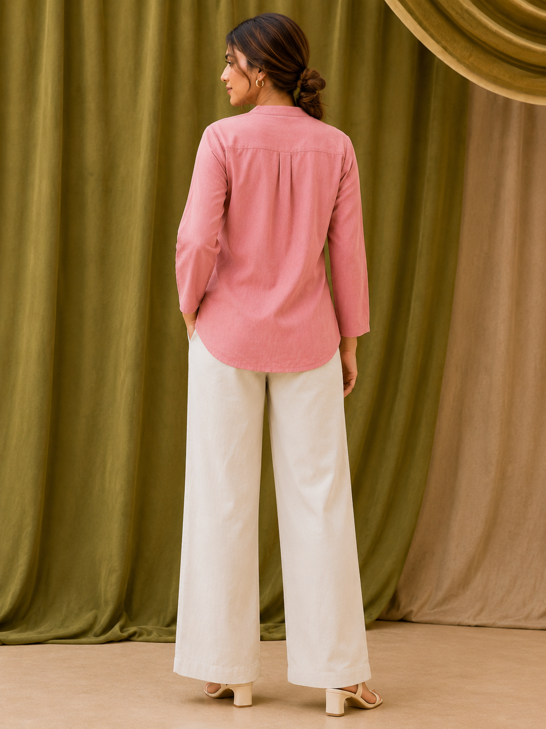 Women's Pink Floral Embroidered Linen Cotton Shirt