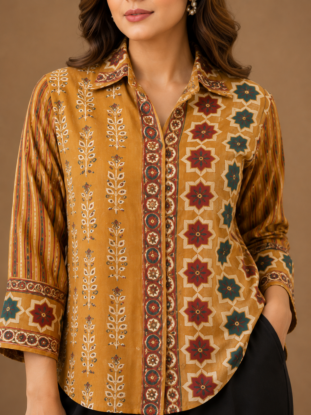 Women's Mustard Ethnic Print Collared Shirt | Premium Cotton Blend | 3/4 Sleeves