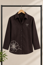 Chocolate Brown Floral Embroidery Shirt for Women