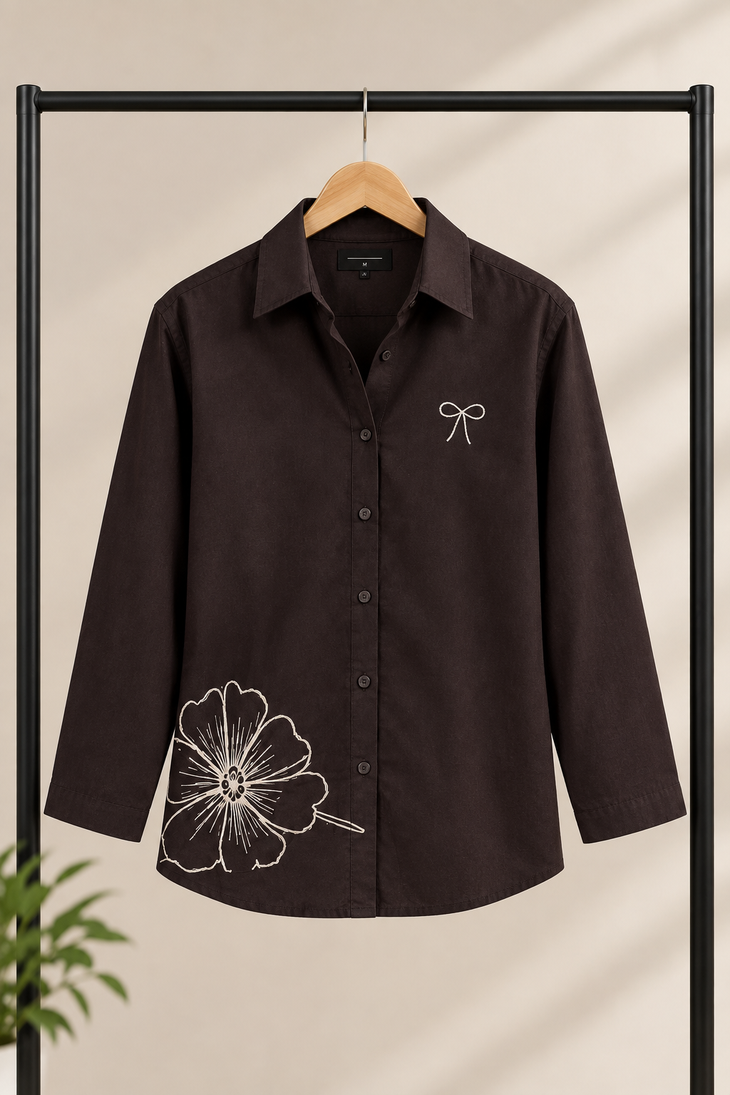 Chocolate Brown Floral Embroidery Shirt for Women
