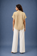 Mustard & White Striped Pure Crape Shirt for Women | Half Sleeve Casual Shirt