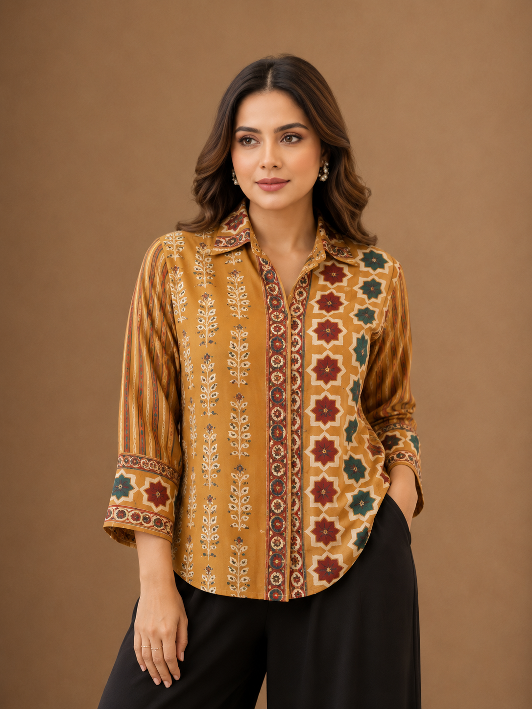 Women's Mustard Ethnic Print Collared Shirt | Premium Cotton Blend | 3/4 Sleeves