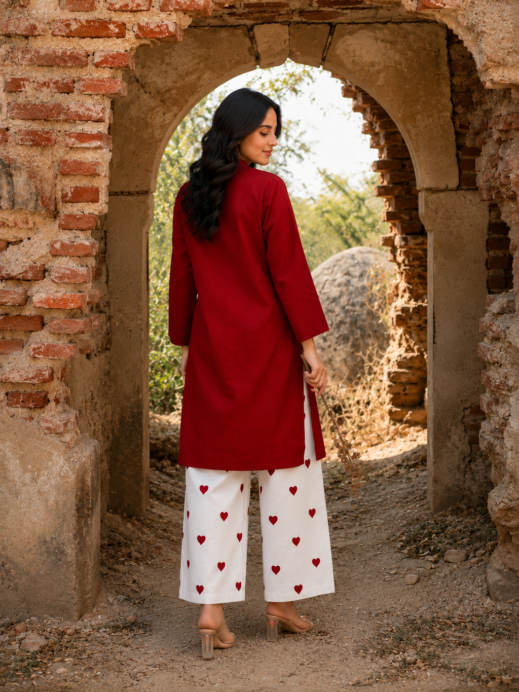 Ruby Red Kurti with Heart embroidery Palazzo Co-Ord Set
