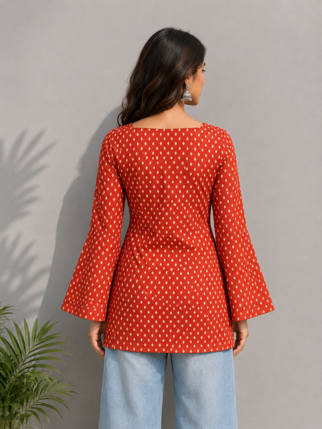 Rust Orange Printed Square Neck Flared Sleeve Top