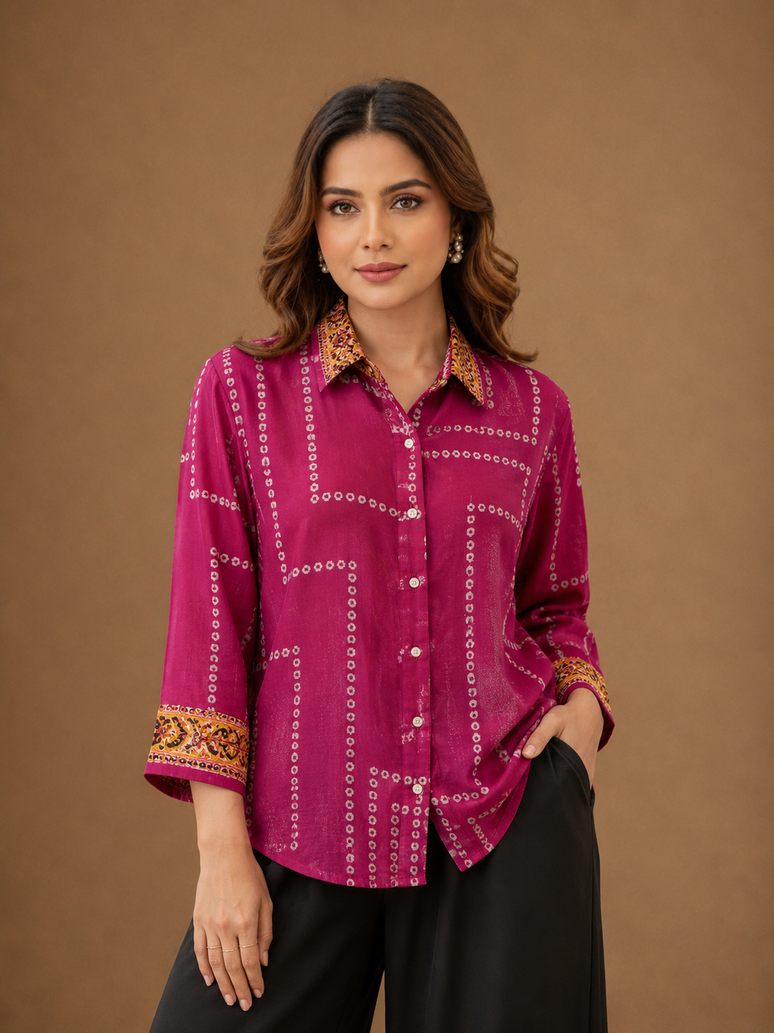 Women's Magenta Peacock Back Print Cotton Crepe Oversized Casual Shirt