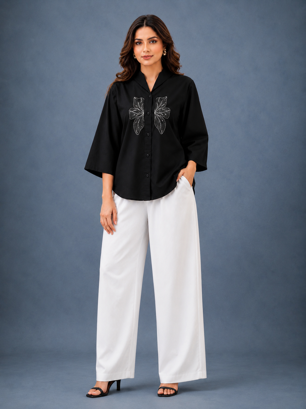 Women's Black Butterfly Embroidered Linen Cotton Oversized Shirt