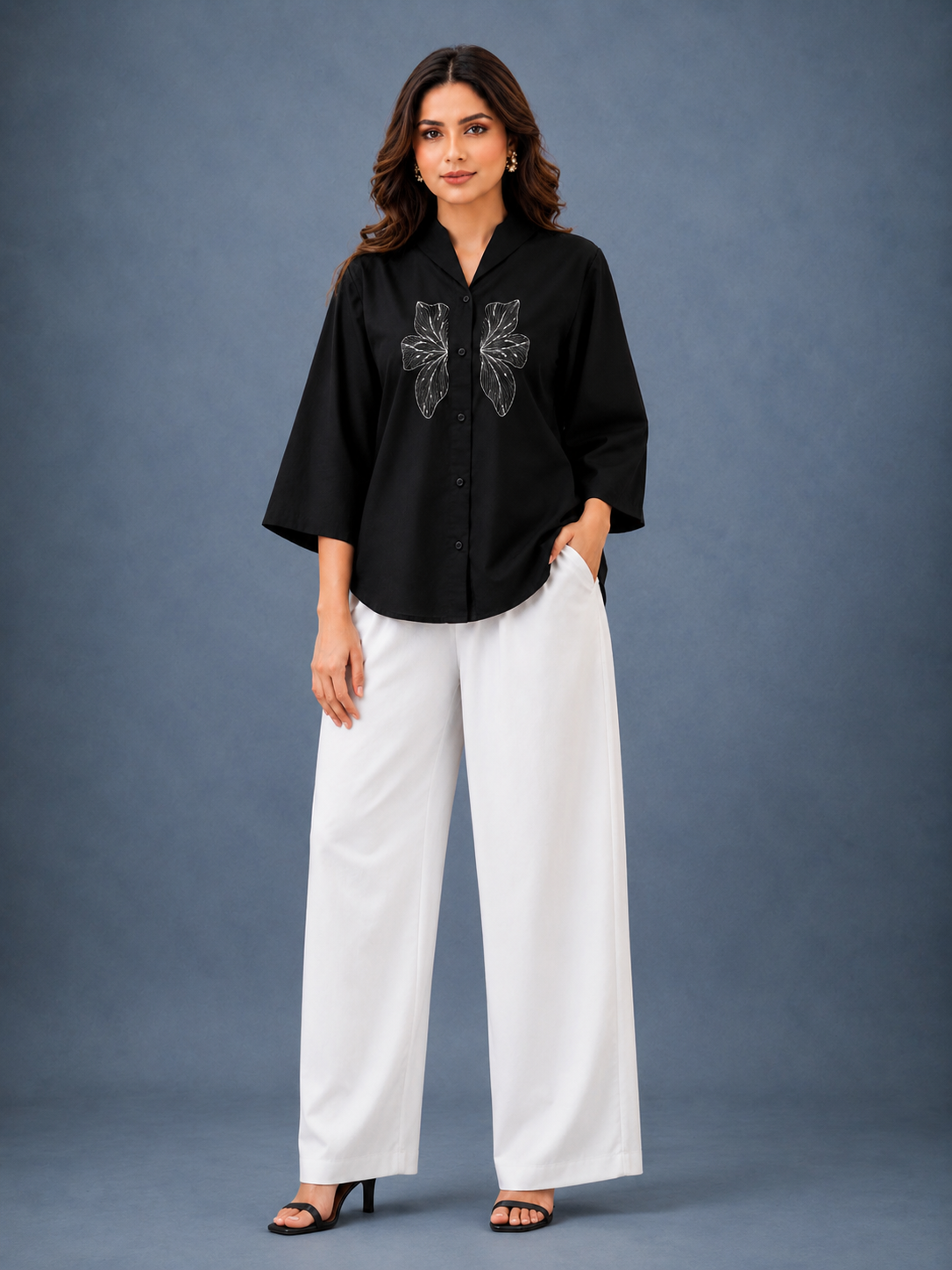 Women's Black Butterfly Embroidered Linen Cotton Oversized Shirt