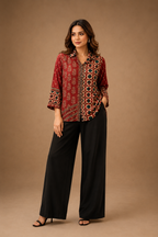 Women's Maroon Ethnic Print Collared Shirt | Premium Crepe | 3/4 Sleeves