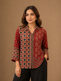 Women's Maroon Ethnic Print Collared Shirt | Premium Crepe | 3/4 Sleeves