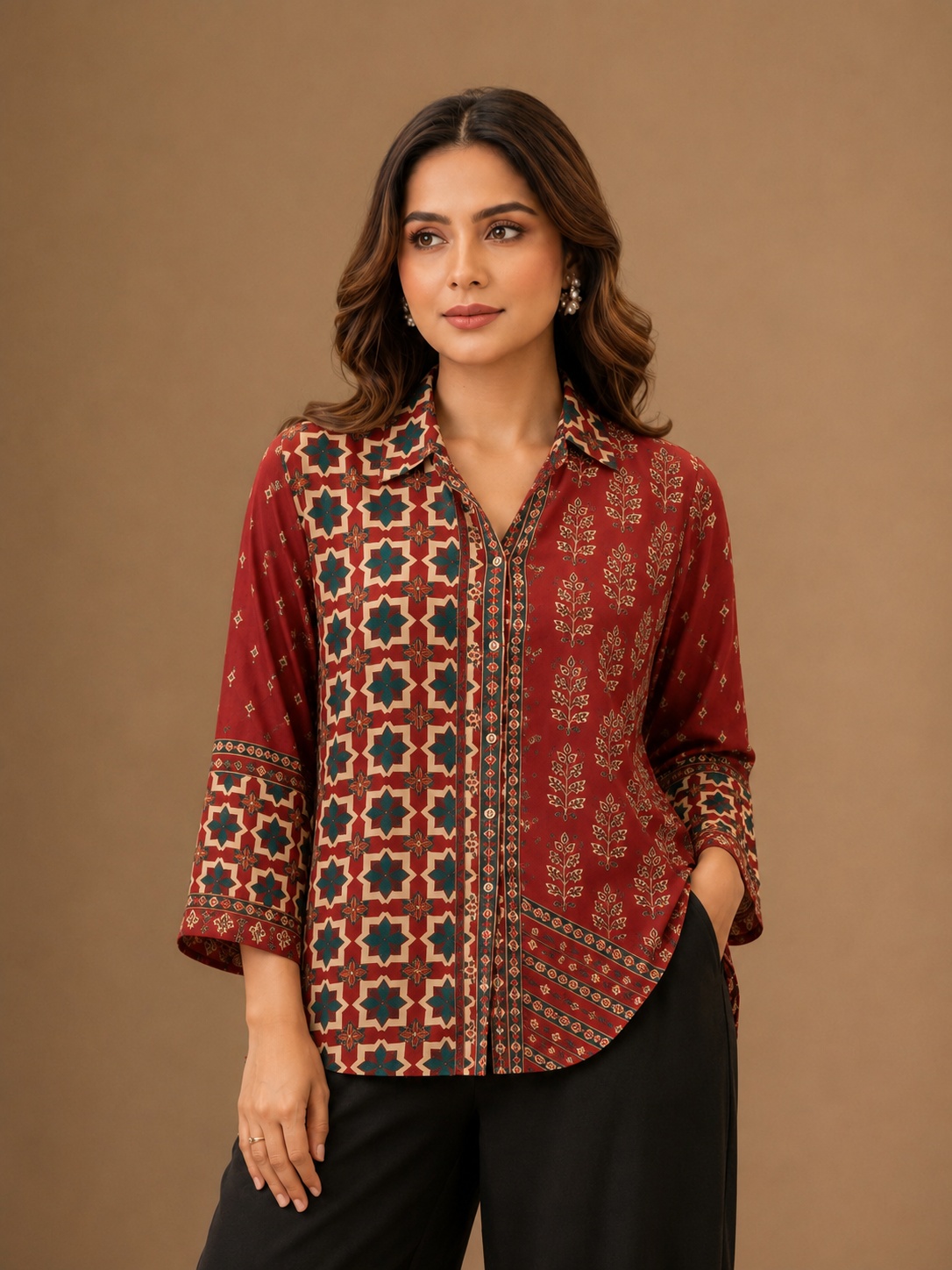 Women's Maroon Ethnic Print Collared Shirt | Premium Crepe | 3/4 Sleeves