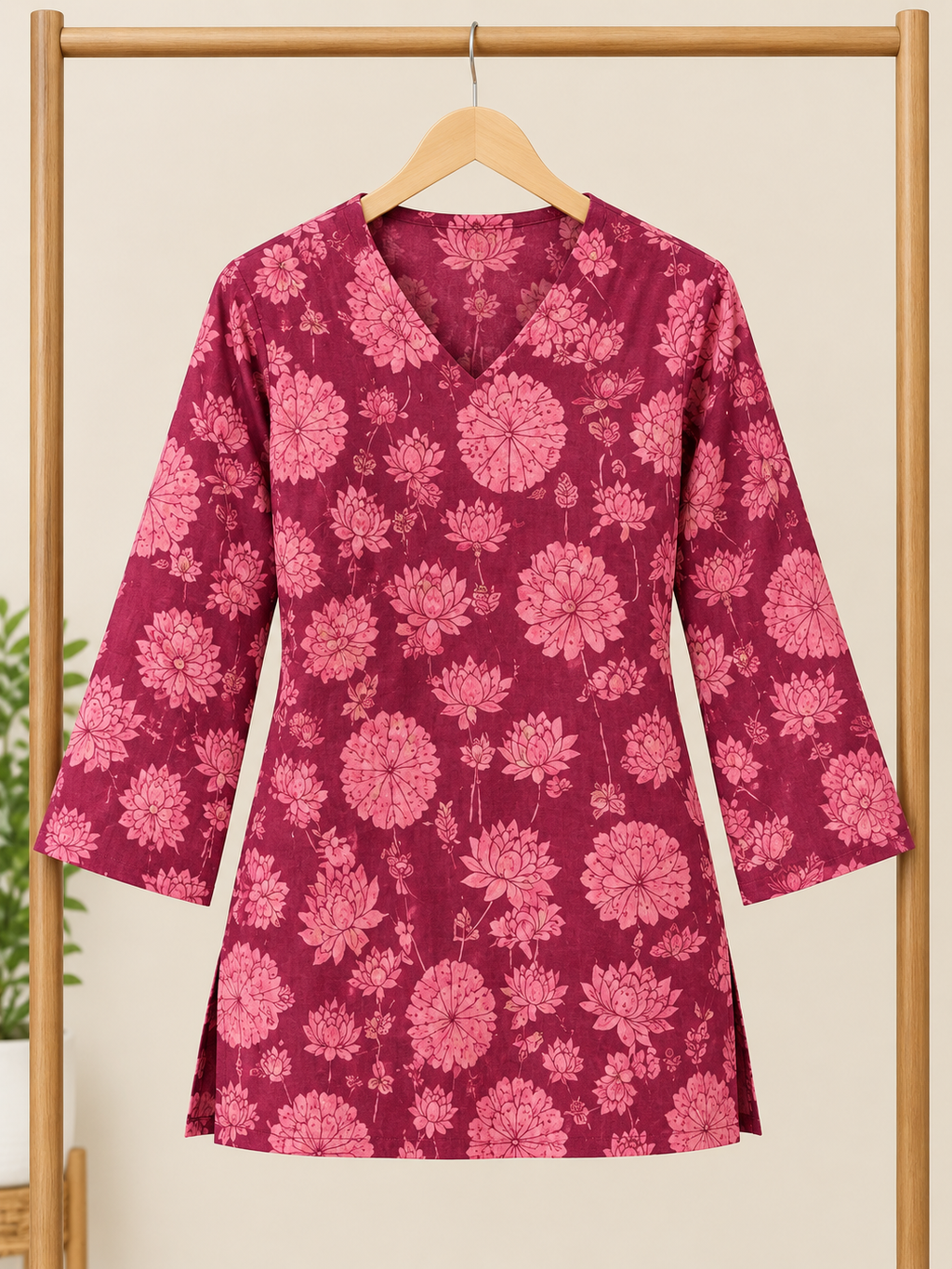 Floral Printed V-Neck Full Sleeve Cotton Top