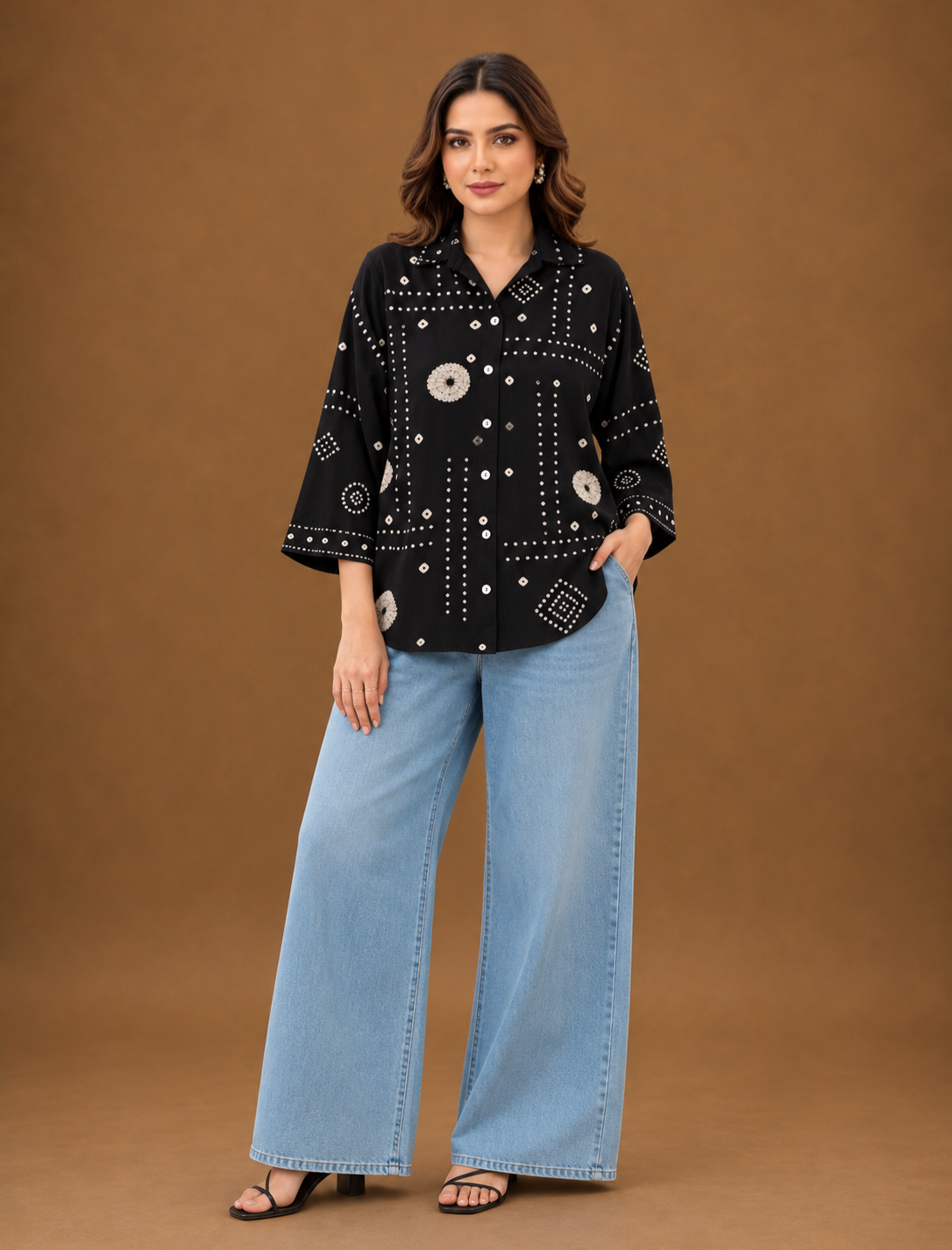 Black Bandhani Print Shirt for Women