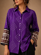 Women's Purple Bandhani Print Collared Shirt | 3/4 Sleeves | Premium crepe