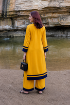 Mustard Yellow Straight Kurta Palazzo Set with Navy Blue Border Detailing