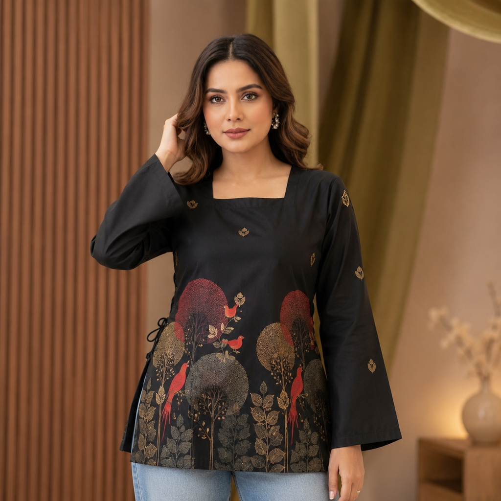 Black Premium Printed Cotton Short Kurti | Elegant Bell Sleeve Designer Top