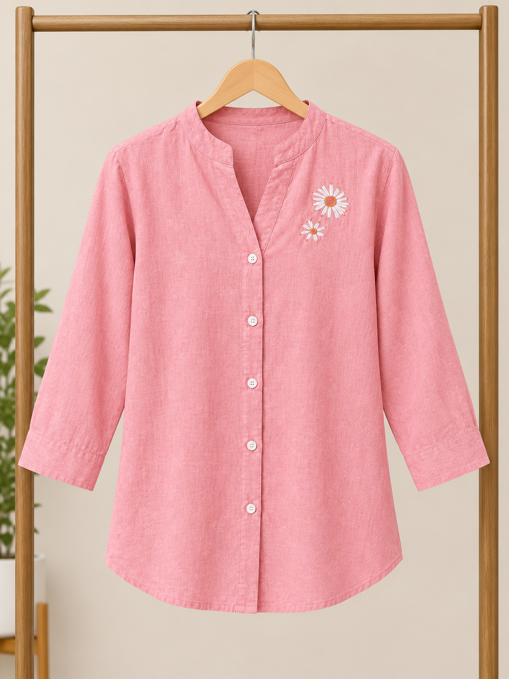 Women's Pink Floral Embroidered Linen Cotton Shirt