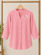 Women's Pink Floral Embroidered Linen Cotton Shirt