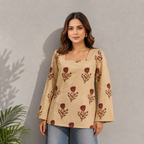 Beige Floral Print Cotton Top | Square Neck Casual Top | LaddyLuxe