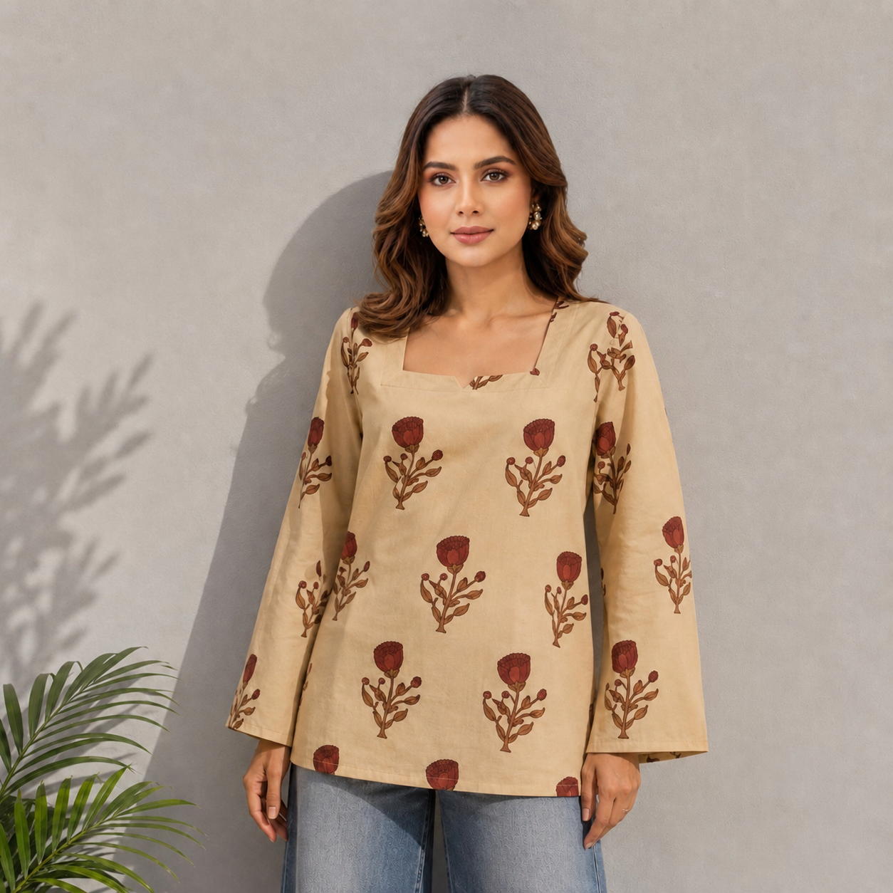 Beige Floral Print Cotton Top | Square Neck Casual Top | LaddyLuxe