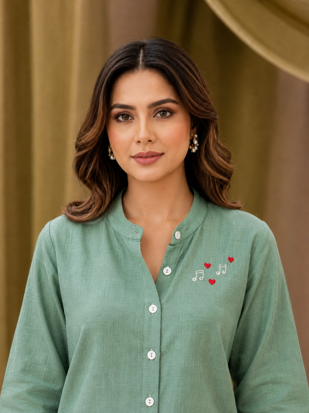 Sage Green Cotton Shirt for Women | Musical Note Embroidered Casual Shirt