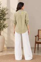 Olive Green Striped Pure Crepe Shirt for Women | Floral Pocket Shirt