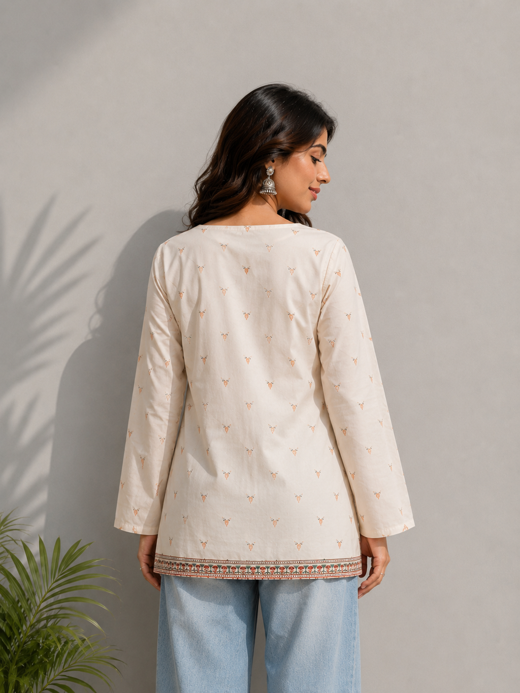 Women's Off-White Heritage Print Cotton Straight Kurti | Square Neck | Full Sleeves