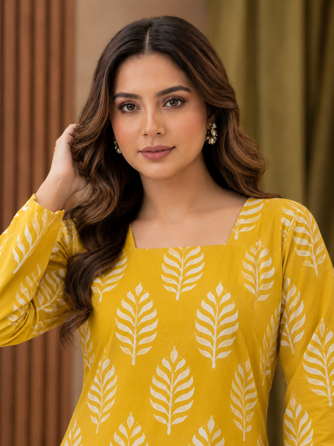 Mustard Yellow Leaf Print Square Neck Top for Women