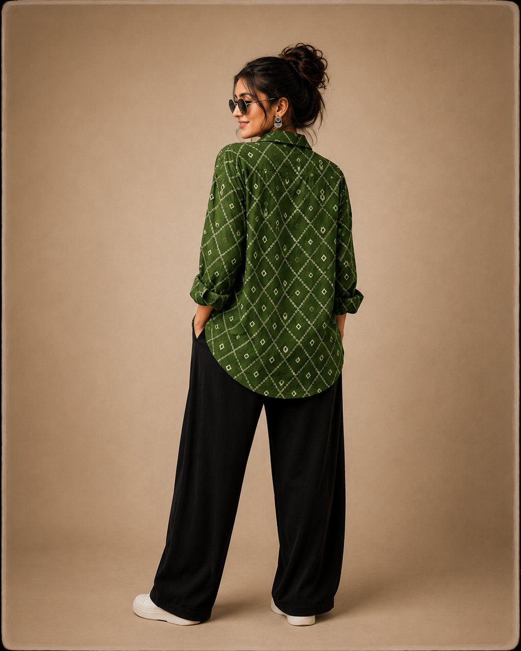 Women's Green Geometric Printed Cotton Crepe Oversized Casual Shirt