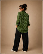 Women's Green Geometric Printed Cotton Crepe Oversized Casual Shirt