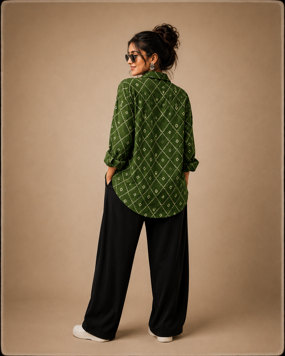 Women's Green Geometric Printed Cotton Crepe Oversized Casual Shirt