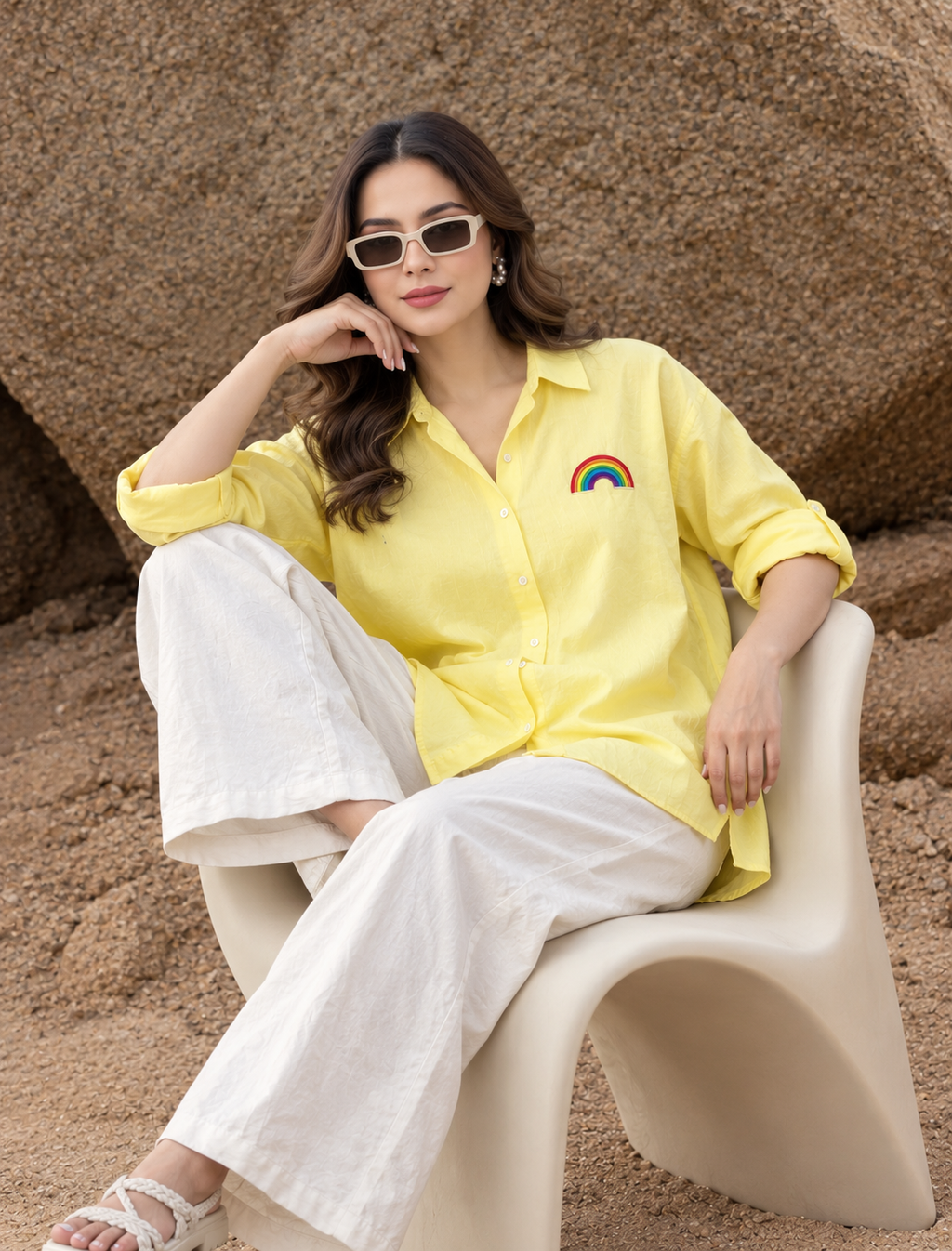 Women's Pastel Yellow Rainbow Embroidered Cotton Shirt