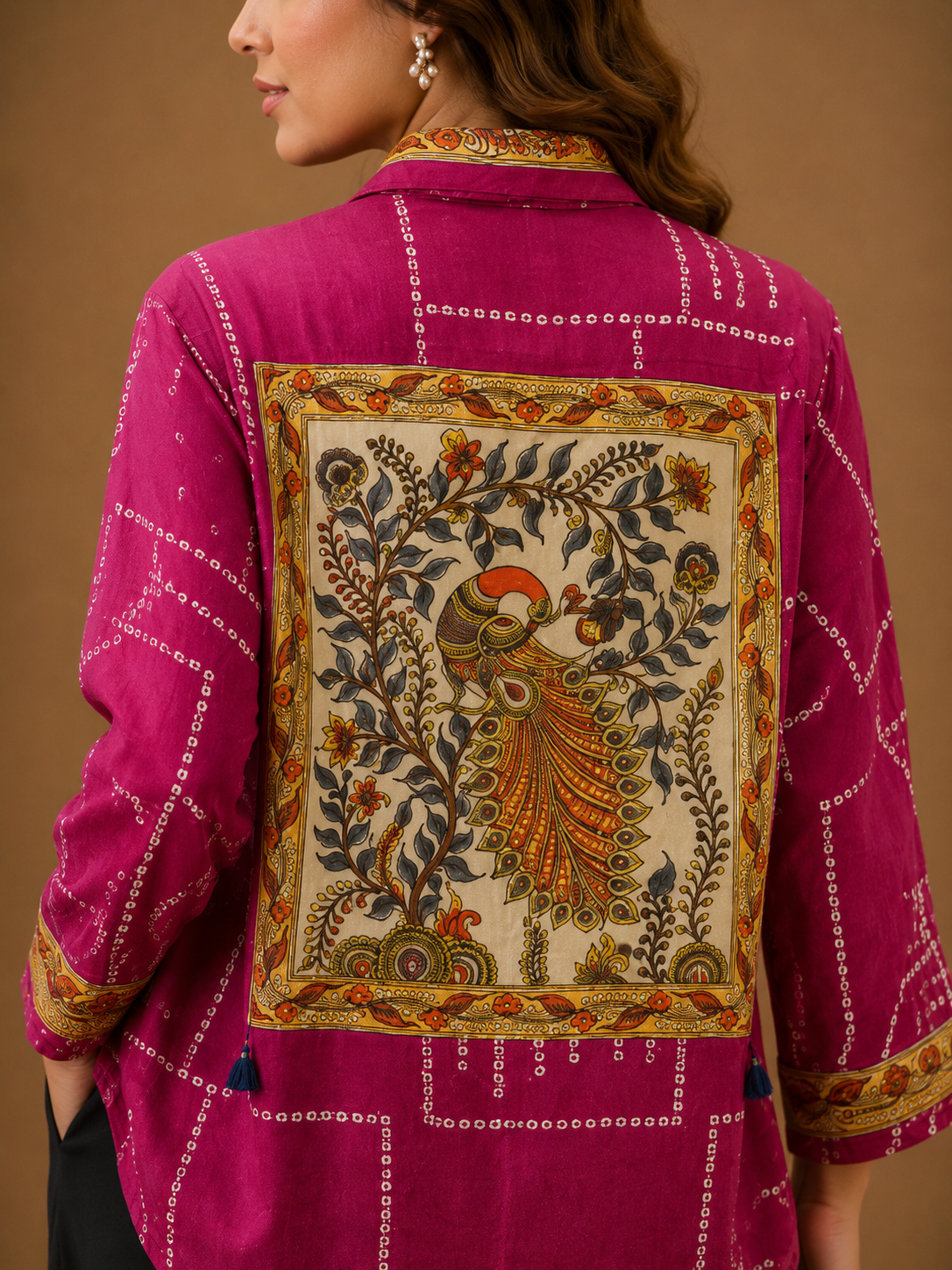 Women's Magenta Peacock Back Print Cotton Crepe Oversized Casual Shirt