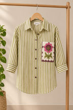 Olive Green Striped Pure Crepe Shirt for Women | Floral Pocket Shirt