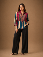 Women's Multicolor Ethnic Print Collared Shirt | Premium Crepe | 3/4 Sleeves