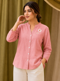 Women's Pink Floral Embroidered Linen Cotton Shirt