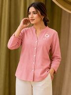 Women's Pink Floral Embroidered Linen Cotton Shirt