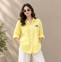 Women's Pastel Yellow Rainbow Embroidered Cotton Shirt