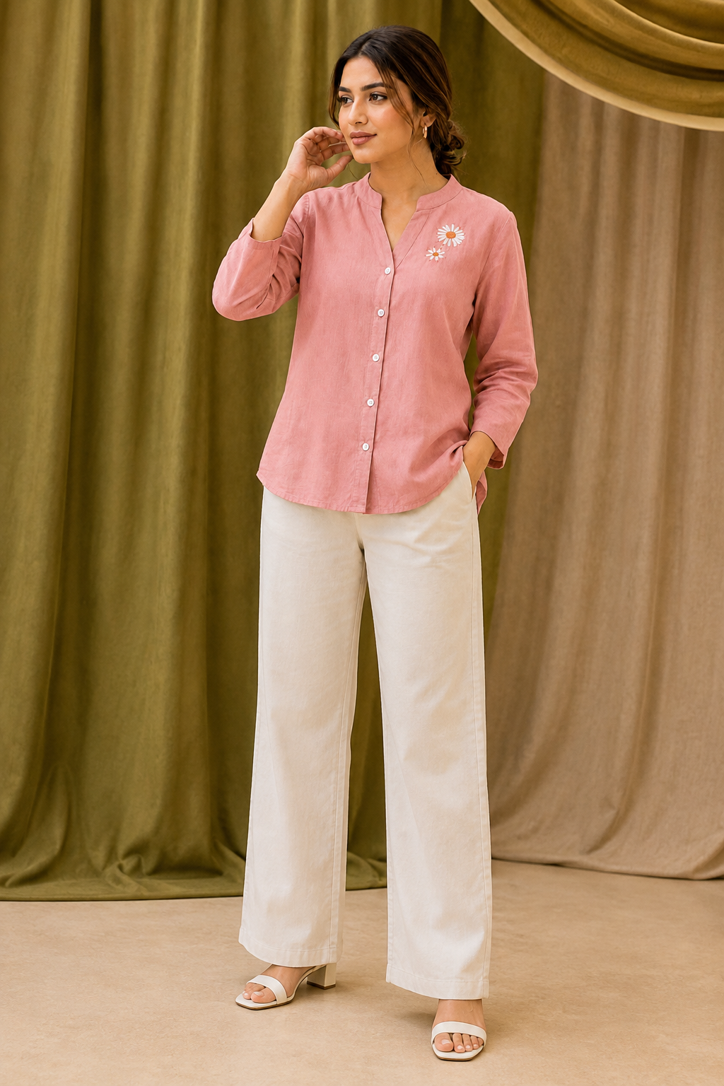Women's Pink Floral Embroidered Linen Cotton Shirt