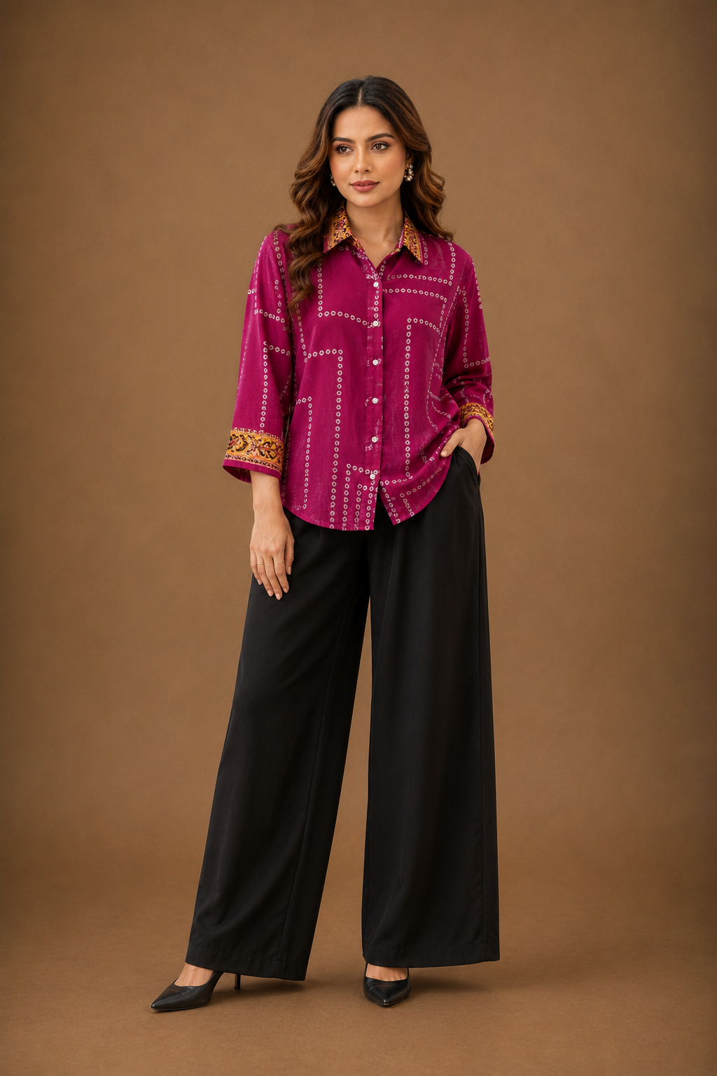 Women's Magenta Peacock Back Print Cotton Crepe Oversized Casual Shirt