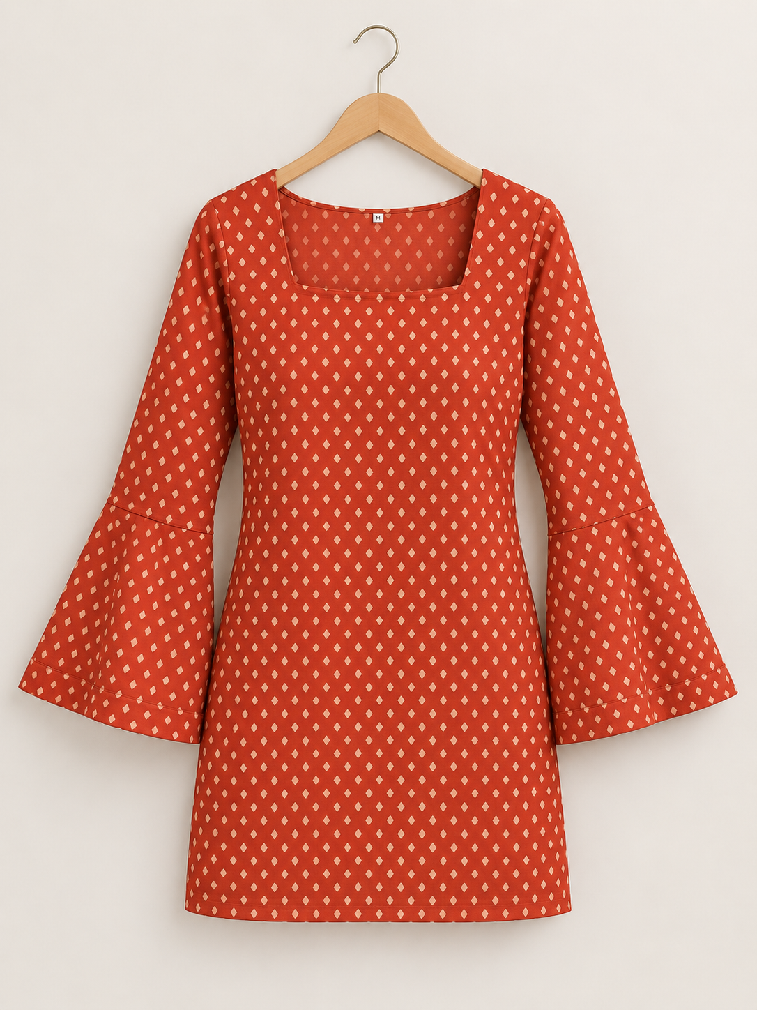 Rust Orange Printed Square Neck Flared Sleeve Top