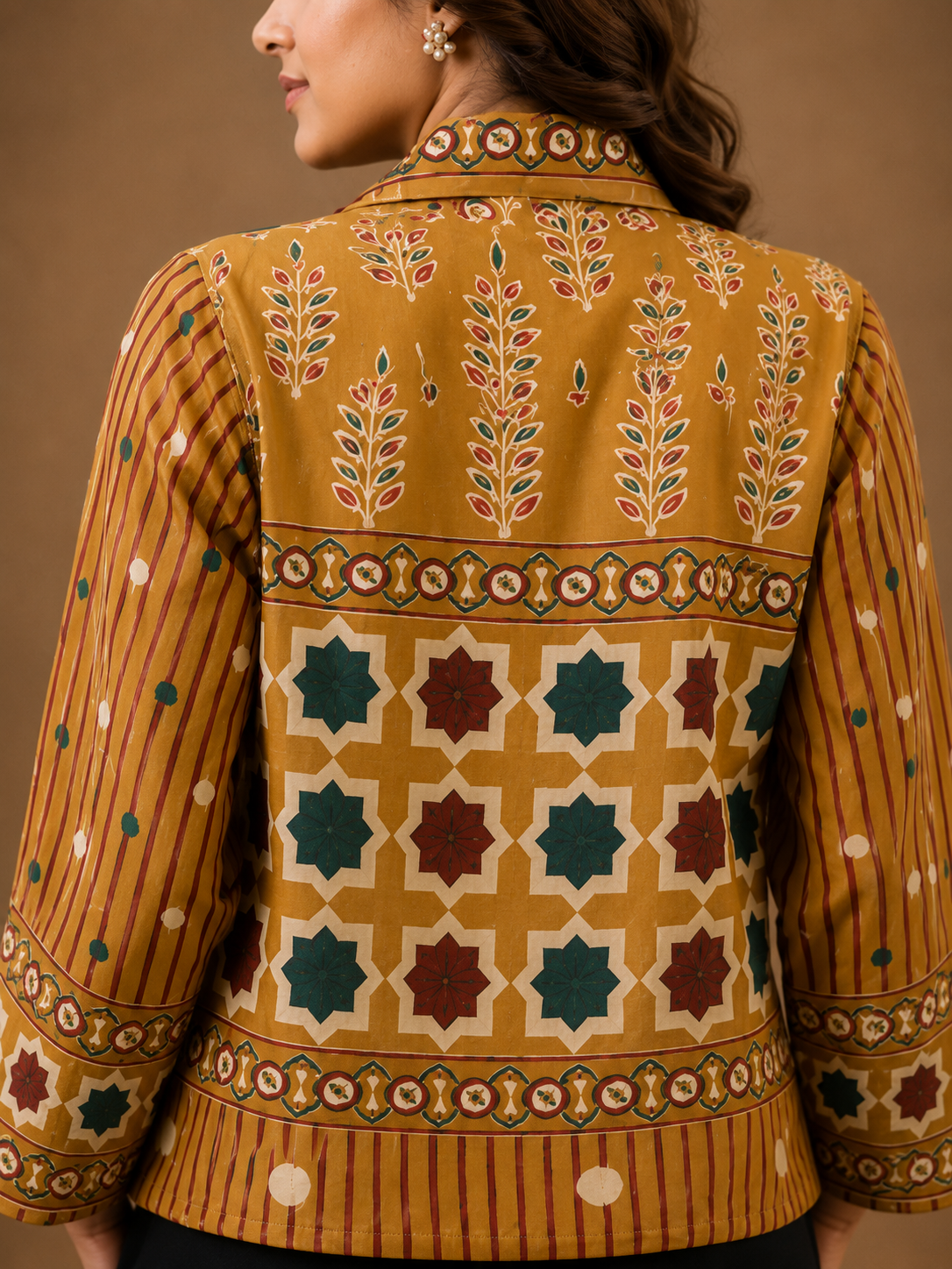 Women's Mustard Ethnic Print Collared Shirt | Premium Cotton Blend | 3/4 Sleeves